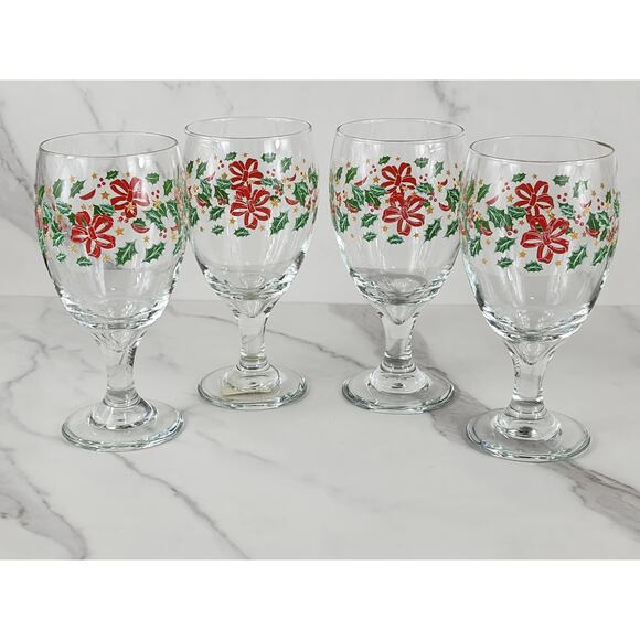 Libbey Christmas Holly and Ribbon Water Goblets 16oz Holiday 80s x4 Made in USA - Picture 5 of 12